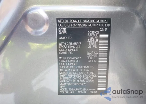 2017 Nissan Rogue S z USA, uszkodzony, nr VIN KNMAT2MT5HP555976